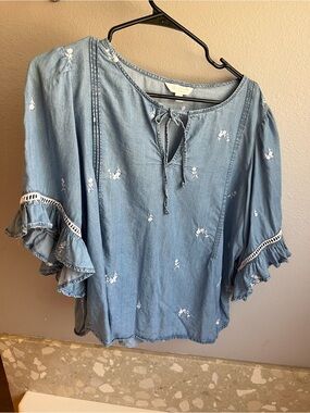 LC Lauren Conrad Light Blue Embroidered Tie-Front Peasant Blouse